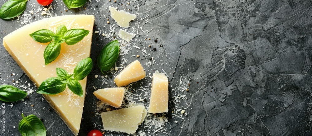 Poster parmesan cheese and basil arranged on a gray surface with copy space image.