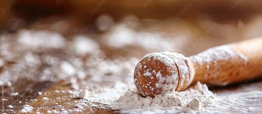 Aufkleber rolling pin with flour-dusted dough on a table with ample copy space image.