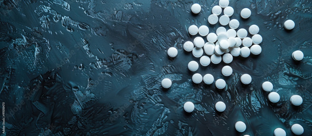 Poster tablets scattered on dark backdrop with copy space image.