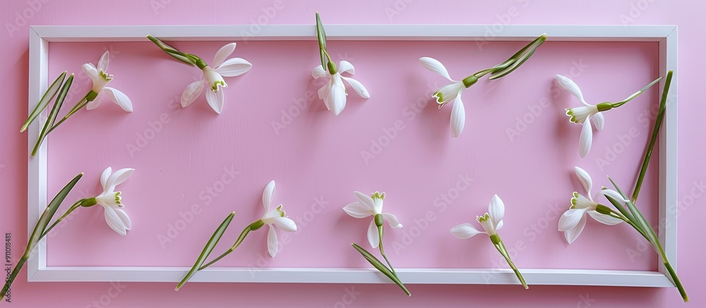 Poster snowdrop flower creatively arranged on a pink background within a white frame, providing ample copy 
