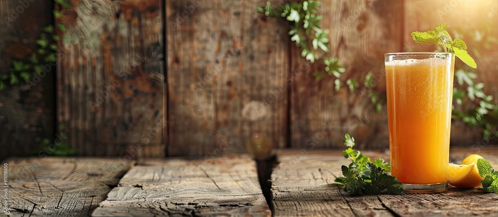 Poster vegetable juice in a rustic setting with a wooden background featuring copy space image.