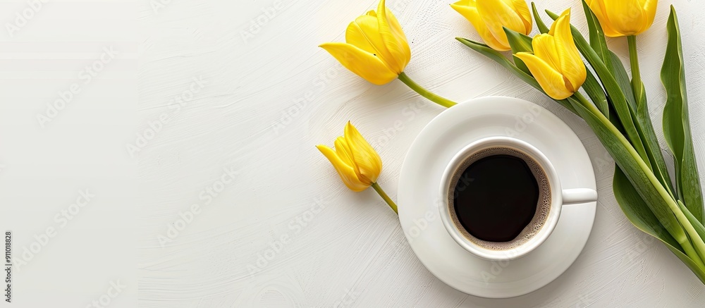 Poster top view flat lay with a yellow tulip bouquet and coffee cup, providing a clean background for text 