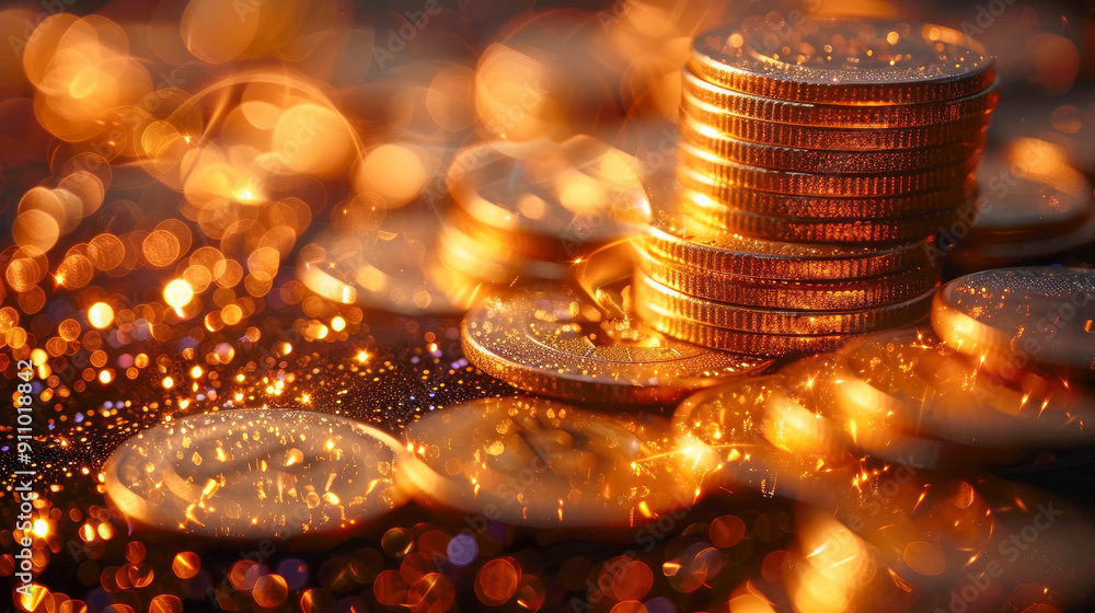 Poster several stacks of golden coins on a dark surface adorned with glittering confetti, with a warm bokeh