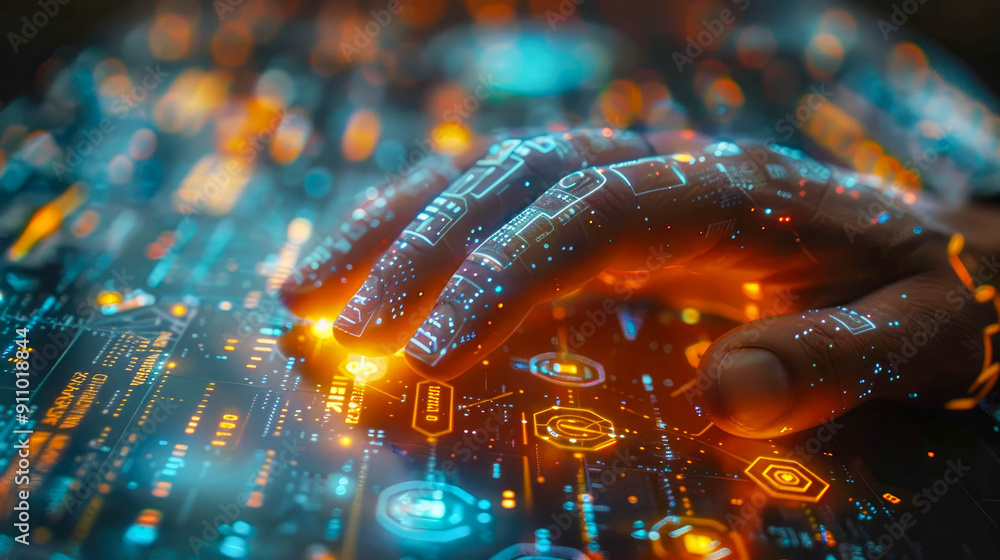 Poster a hand interacts with a high-tech futuristic interface, featuring holographic data and glowing graph