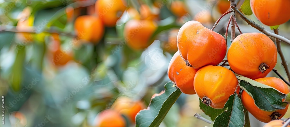 Aufkleber persimmon tree laden with ripe fruit - close-up on a branch with ample copy space image.