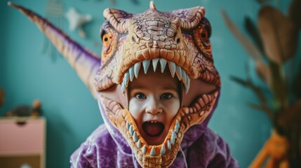 Naklejka premium The child in dinosaur costume
