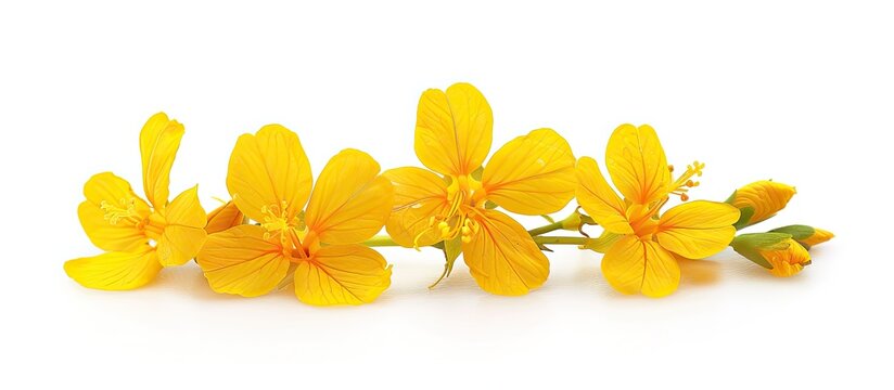 Yellow Ratchaphruek flowers isolated on a white background in font view with ample copy space image.