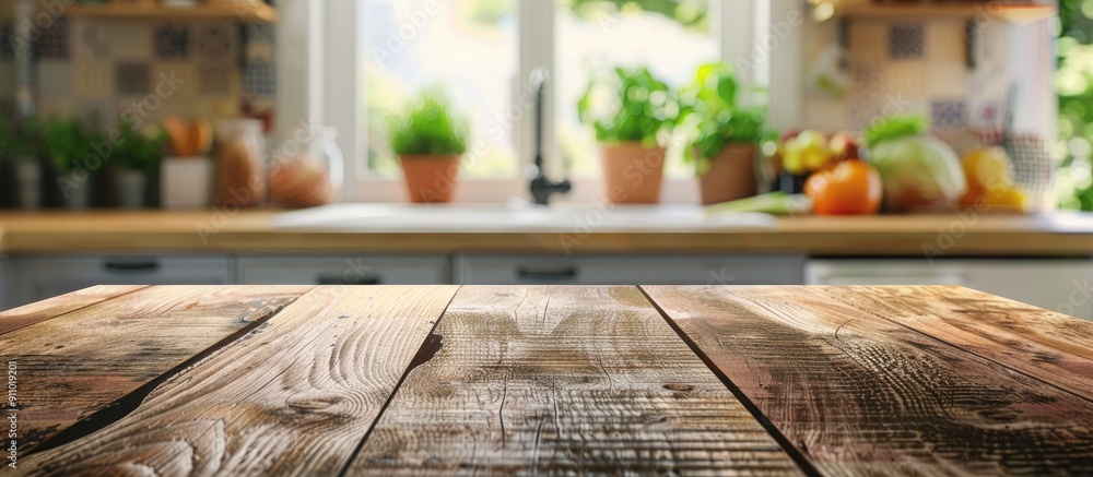 Poster the kitchen setting with a textured wooden table in focus against a blurred backdrop creates an invi