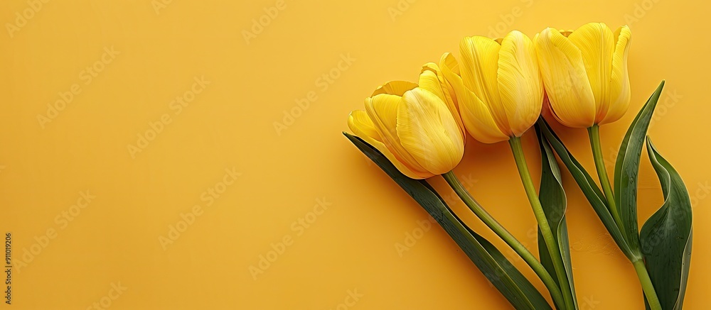 Poster yellow tulip arranged on a yellow surface with a flat lay perspective from above, leaving room for t