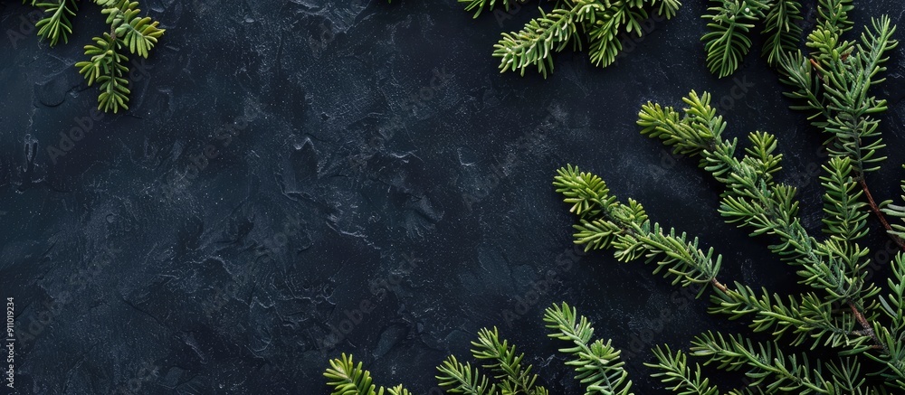 Poster top view image of juniper branches on a black background, ideal for posters or designs, with room fo