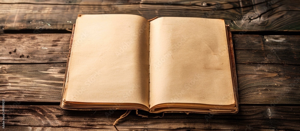 Poster wooden table with a blank notebook -- ideal for showcasing your design with copy space image.