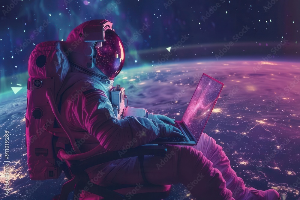Wall mural astronaut working on futuristic holographic laptop while floating in deep space earth and stars visi