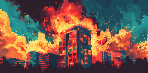 Cityscape Illustration with Fire and Buildings