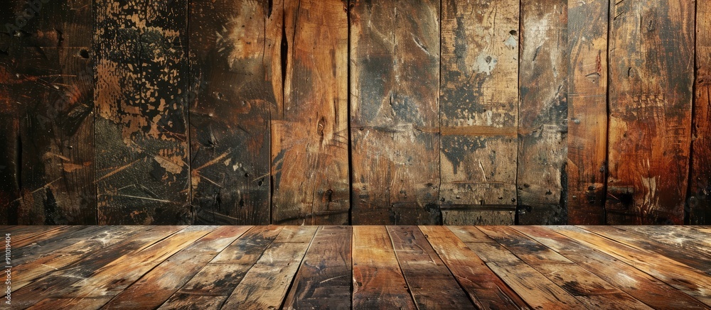 Poster vintage wood texture background with old floor striped planks and grunge table, great for your desig