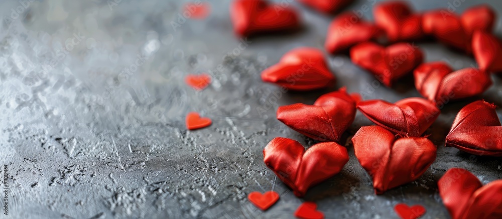Poster love concept shown with numerous red silk hearts on a grey paper backdrop with empty space for text 