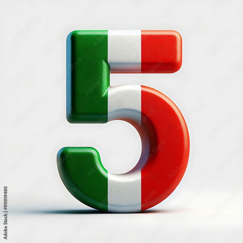 Poster the number 5 is in a green, red, and white color scheme. it is a stylized number that is meant to be