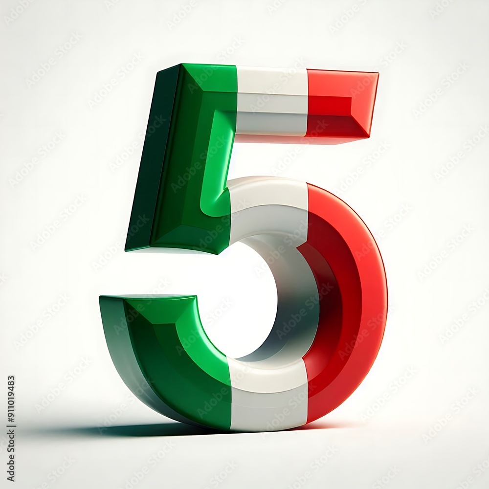 Poster the number 5 is in a red, white, and green color scheme. it is a stylized number that is meant to re