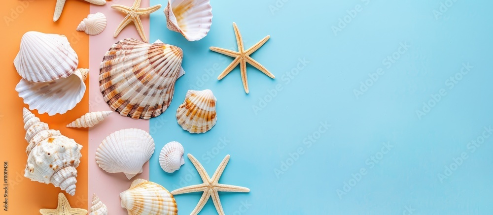 Aufkleber top view of a flat lay composition featuring a variety of sea shells and starfish on a colored table