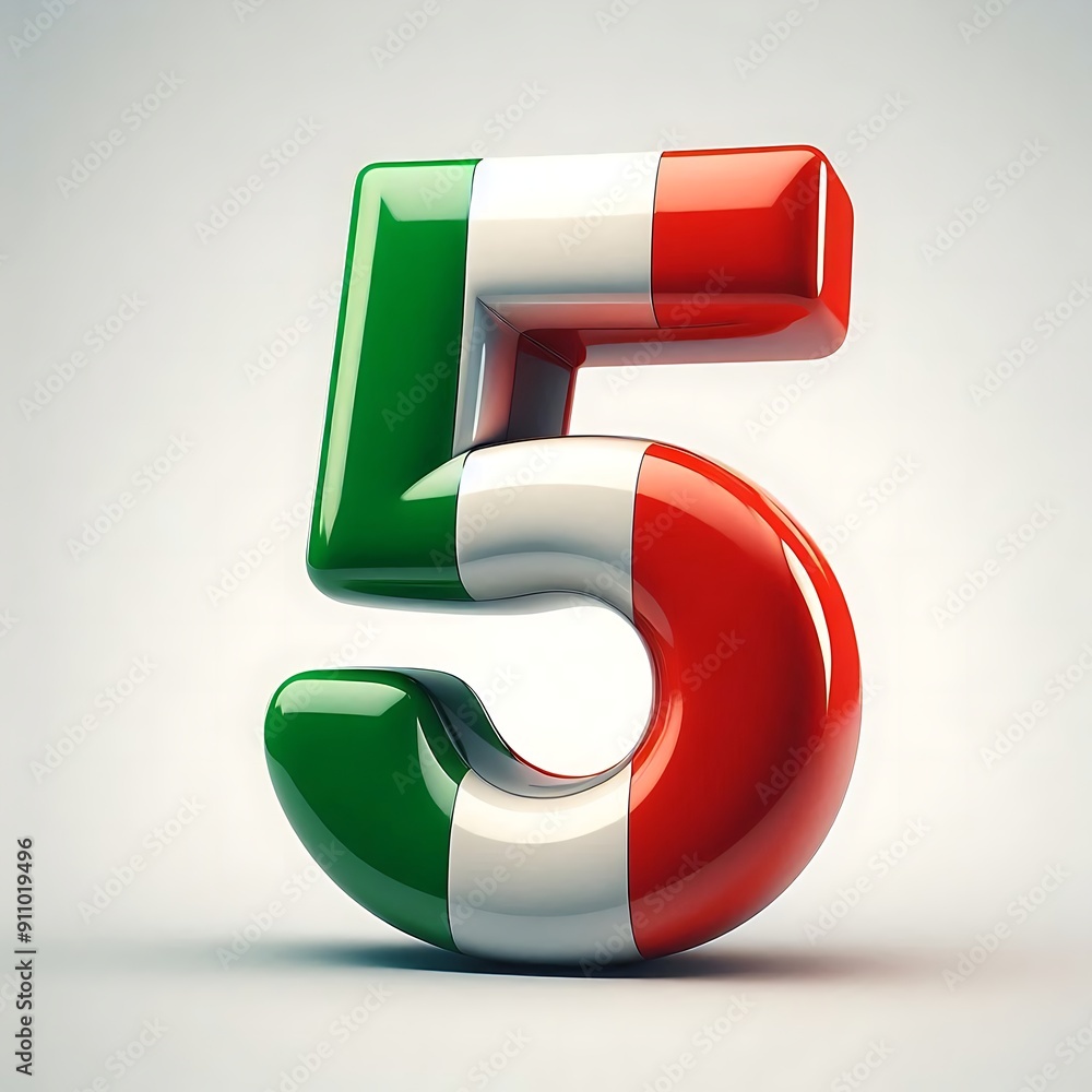 Poster a number 5 with a green and red border. the number is in a foreign language isolated on white backgr