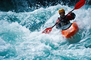 A thrilling whitewater kayaking through rapids, adventure excitement