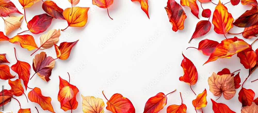 Poster top view of vibrant autumn leaves against a white backdrop with circular copy space image in the mid