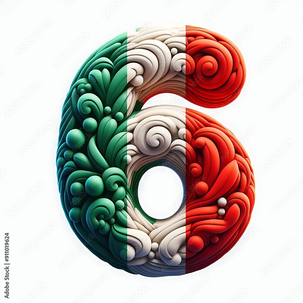 Poster the number 6 is made up of three different colors, red, white and green. the design is very intricat