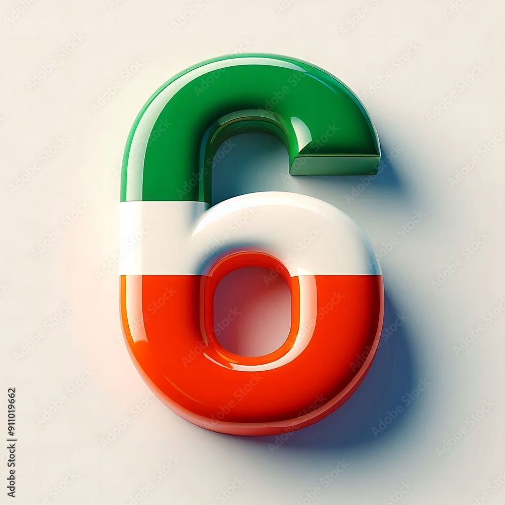 Poster the number 6 is in a bright red, green and white color scheme isolated on white background