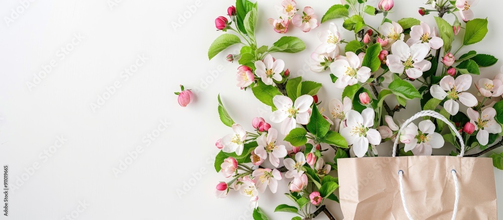 Poster spring discounts concept with apple tree flowers in a shopping bag on a white background. top view w