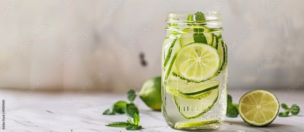 Poster table decorated with a mason jar of freshly made lime lemonade, with a backdrop that hints at a copy