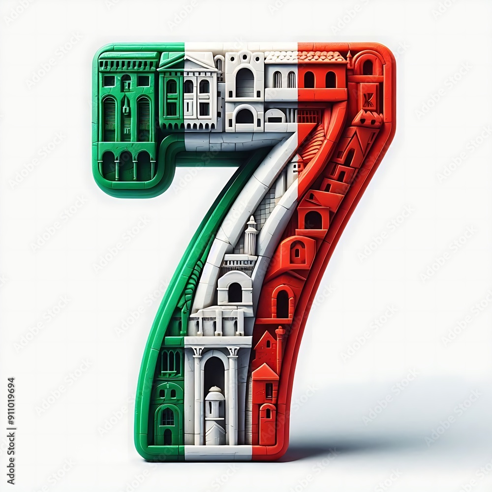 Poster the number 7 is made up of different shapes and colors, giving it a unique and artistic appearance i