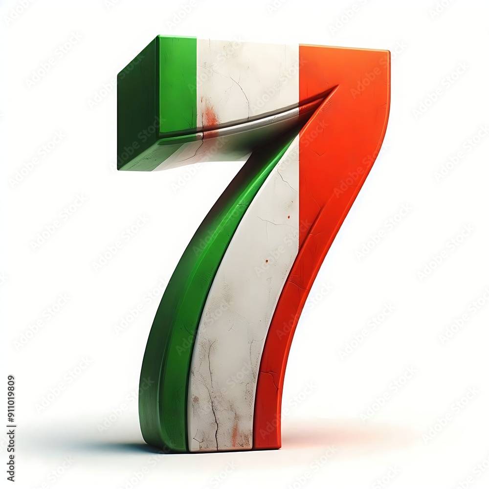 Poster the number 7 is made up of three different colors, green, white, and red. it is a stylized represent