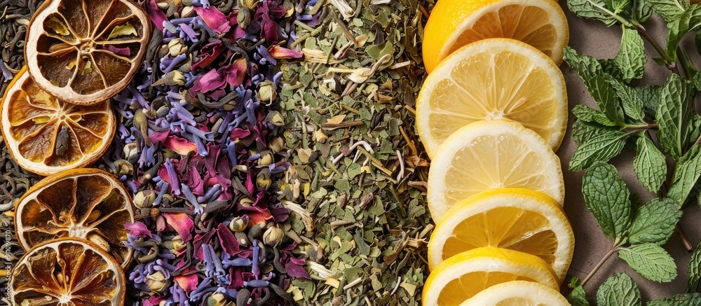 Poster top-down image of assorted dried tea, mint, and lemon with room for text or other elements. image wi