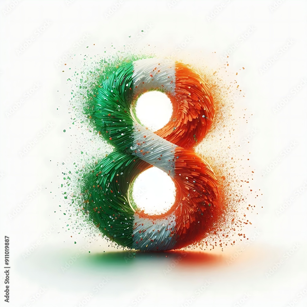 Poster the number 8 is made up of three different colors, green, white, and red. the design is very abstrac
