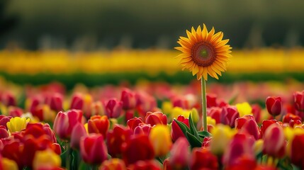 A single sunflower stands out in a field of tulips.