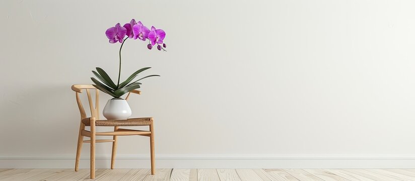Wooden chair hosts a vibrant purple orchid against a white wall backdrop, leaving room for additional content in this copy space image.