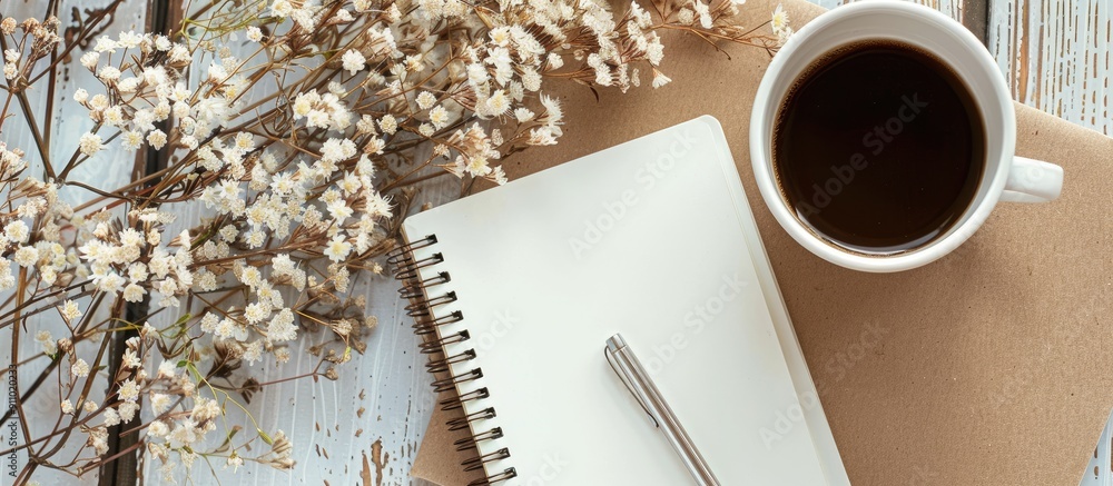 Poster top view of a workspace set up with a cup of coffee, notebook, pen, and dried flowers, ideal for add
