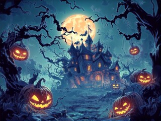 Fototapeta premium cartoon anime style , Halloween background illustration - mystery castle, pumpkin jack o' lanterns, full moon in horror night. Dark scary tree, spooky house silhouette