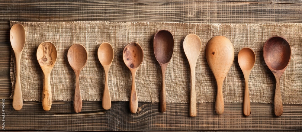 Poster Wooden spoons of various sizes displayed on a textured wooden surface from a top-down perspective in a photo with ample empty space.