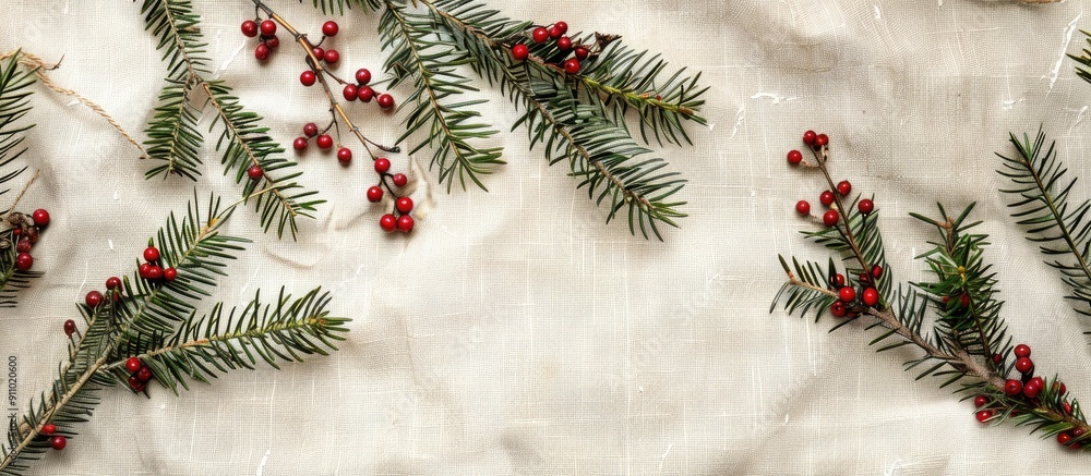 Aufkleber top-down horizontal photo of a christmas-themed linen background, offering a clear view for text or 