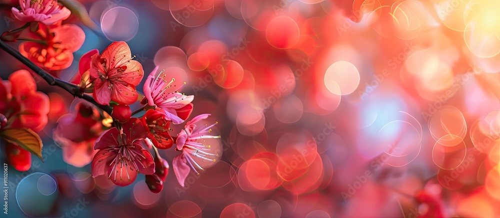 Poster vibrant red blossoms in spring on a colorful bokeh-filled copy space image.