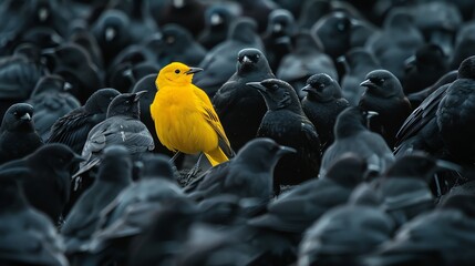 A single yellow bird stands out from a flock of black birds.