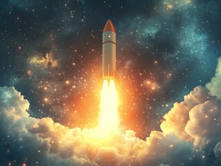 A rocket soaring through the cloudy blue sky with fluffy white clouds