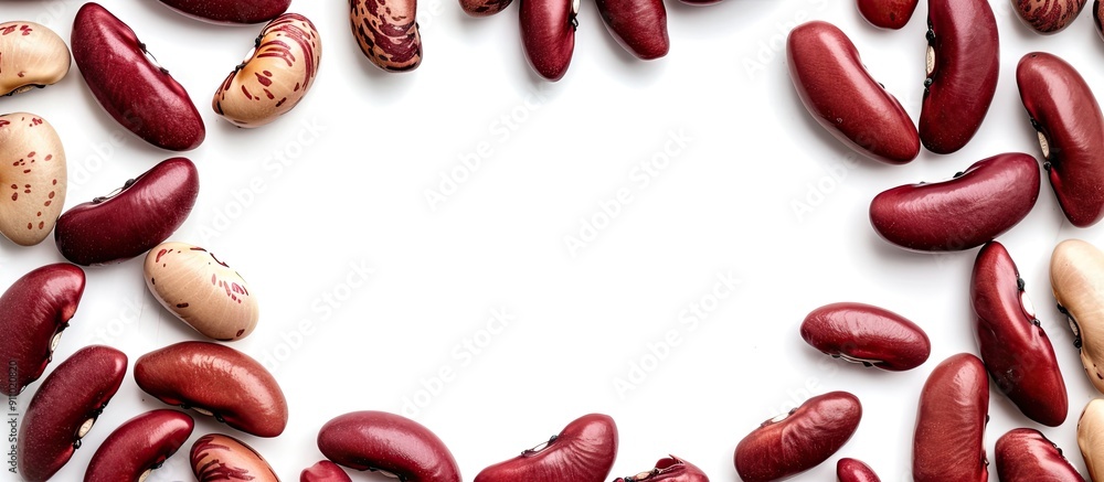 Poster various kidney beans arranged from above, creating a circular frame for a copy space image against a