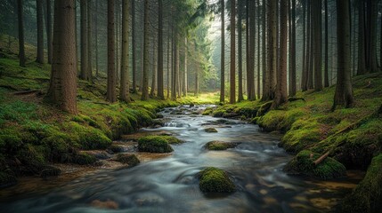 Obraz premium Stream Flowing Through a Misty Forest