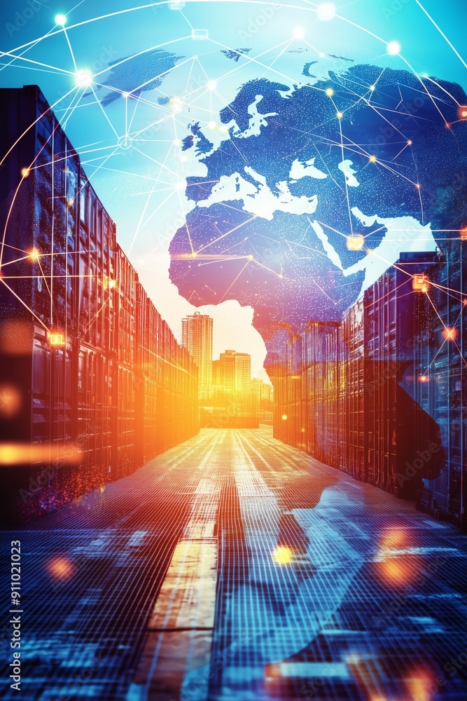 Aufkleber distribution and logistics concept of global digital internet marketing and business e-commerce bann