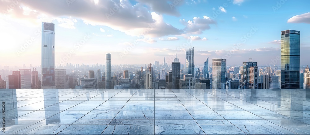 Poster panoramic cityscape backdrop creating a spacious atmosphere with a gleaming empty floor, offering am
