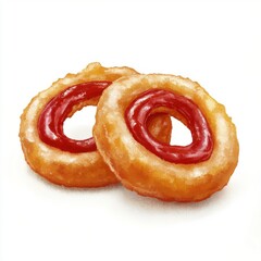 Fototapeta premium Crispy Onion Rings with Ketchup - Fast Food Digital Painting in Golden Tones on White Background