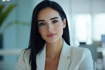 Fototapeta premium A professional woman in a white blazer, exuding confidence with a soft smile in a modern office setting.
