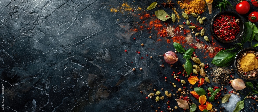 Poster various spices displayed on a dark surface from a top view with ample copy space image.