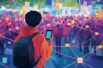 A person using a smartphone with social media power lines connecting them to a large digital crowd